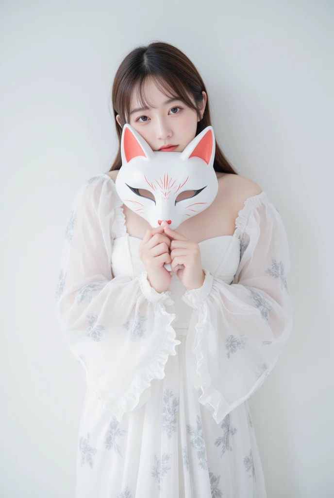 there is a woman holding a white mask with a cat face on it, with kitsune mask, wearing a kitsune mask, kitsune mask on head, kemonomimi, kitsune mask, very beautiful cute catgirl, cute fumo plush fox girl, holo is a wolf girl, white cat girl, fluffy fox ears, belle delphine