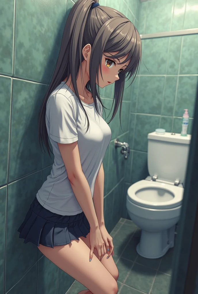 Teen masturbates through panties, , no bra, nipples visible through blouse, beautiful panties (thong), school toilet background, back view. Orgasm, идеальное тело, идеальная задница