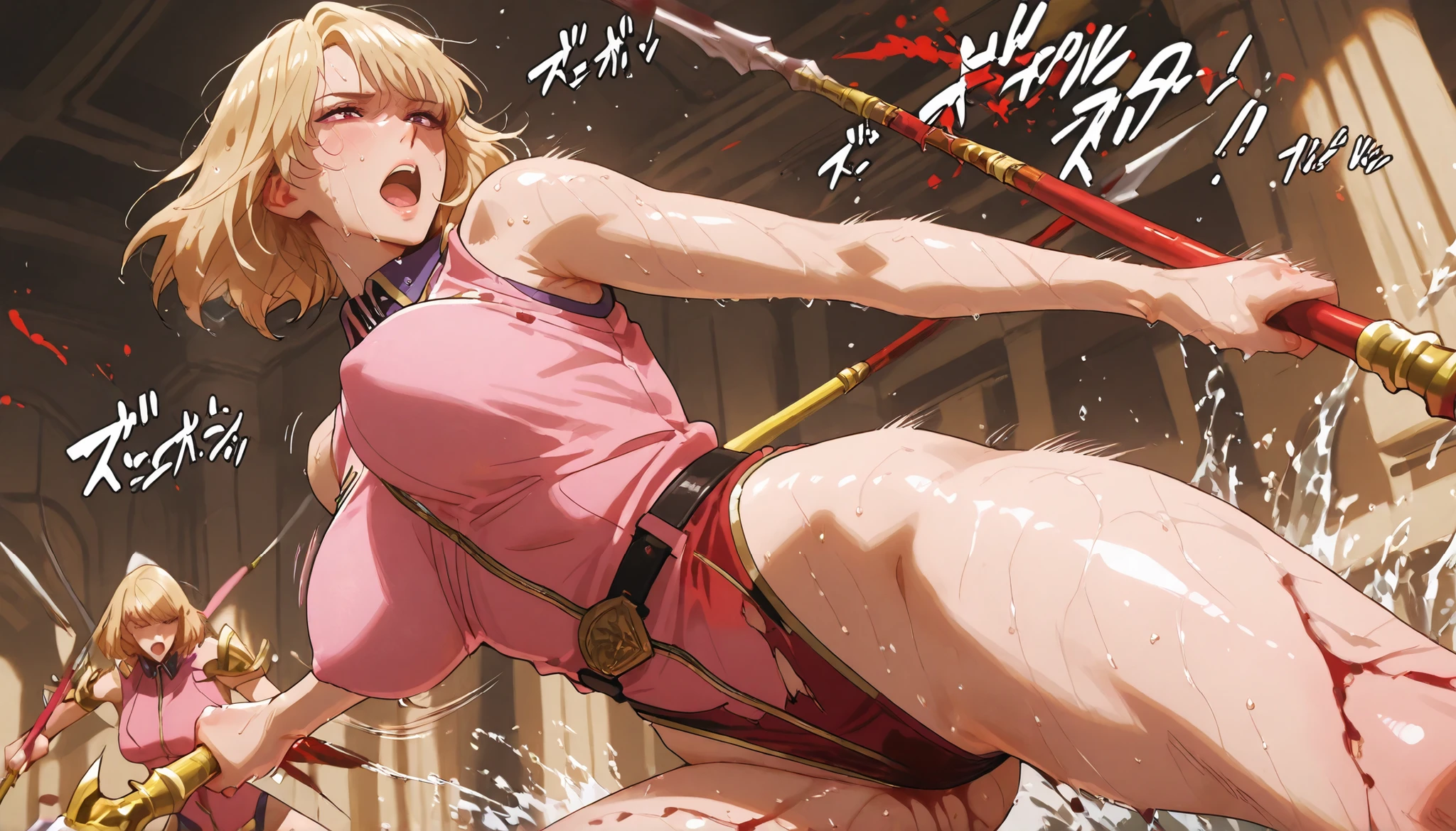 masterpiece, 8k, 1woman, blonde hair, open mouth, slender body, thin chests, bouncing breasts, large breasts, erect nipples, (sleeveless highleg white catsuit:1.3), (exposed legs), (torn wear), (motion line), (Japanese sound effects), cowboy shot, Dynamism, unrealistic beauty, (sweaty:1.3), (sweat stained), (She dances with her spear, slashed down soldiers one after another:1.3), battle scene, (dynamic spread legs action pose:1.2), (Blood splash effects), (splashing sweat),