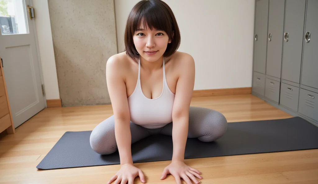 japanese woman, Chubby, BMI 29, 55 years old, whole body, sit with your hands at your sides, beautiful, I used to be an idol, big breasts, Navel Show, Sloppy figure, bulky belly, beautiful legs, wearing a pink half T-shirt, Pink Yoga Pants, glowing skin, shining eyes, white background