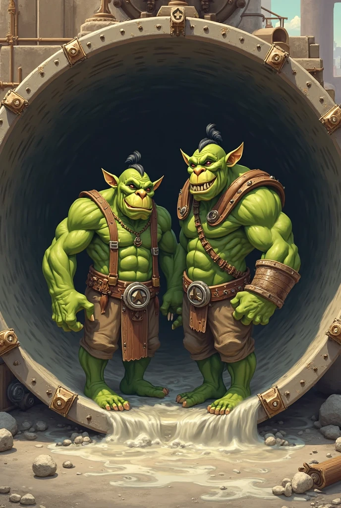 Three friendly male ogres talking.
The first ogre is thin,redhead and wears glasses.
The second ogre is fat and bald and giant The third ogre is blond and muscular