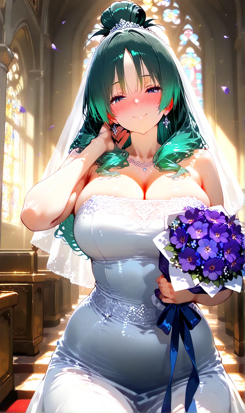 ((anime artstyle)),(Masterpiece),(Best Quality), (Super Detail),((Very Delicate and Beautiful)),Focus on character,Dynamic Angle,Looking at viewer,((Solo)),standing,((full body)),((one princess in gorgeous ball gown wedding dress with voluminous skirt)),((June bride)),detailed face and eyes,jewel-like eyes,((Very Long voluminous Hair)),gorgeous embroidery and lace,((gorgeous corsage)),See-through,(Gorgeous jewelry ornaments),luxury hair ornament,luxury tiara with jewels,(gigantic breasts,Long breasts),(indoor,church wedding),((full body)),hoop skirt,crinoline,very long wedding veil,(((fusion of jeweled wedding dress and gorgeous embroidery rococo ballgown))),