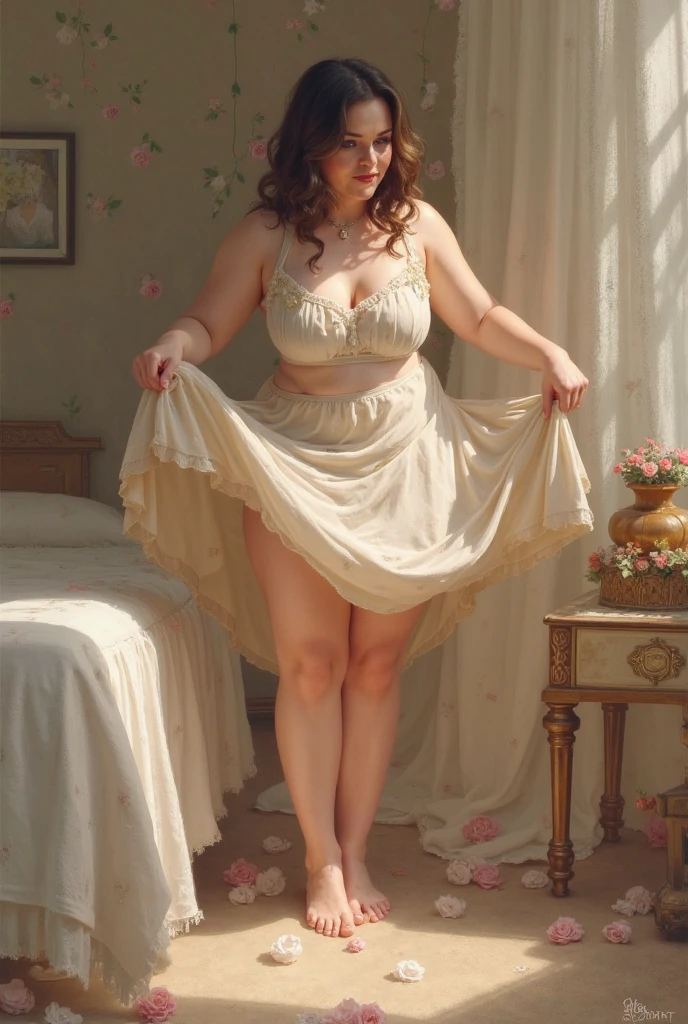 (Caucasianwoman, female, short brown hair, pale, brown eyes, solo portrait, natural breasts) naked, smiling, standing up, full body, good lighting, daytime, inside of bedroom, candles ((masterpiece, best quality)), art by greg rutkowski