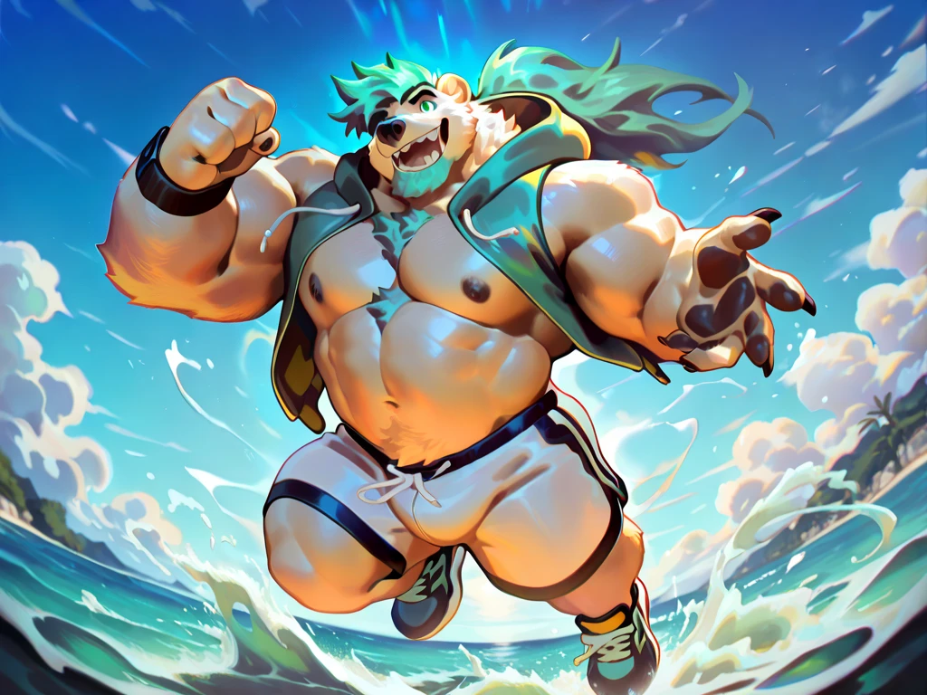 Glamrock Freddy too muscles walking on a beach wearing a thong having a flirty and sexy look