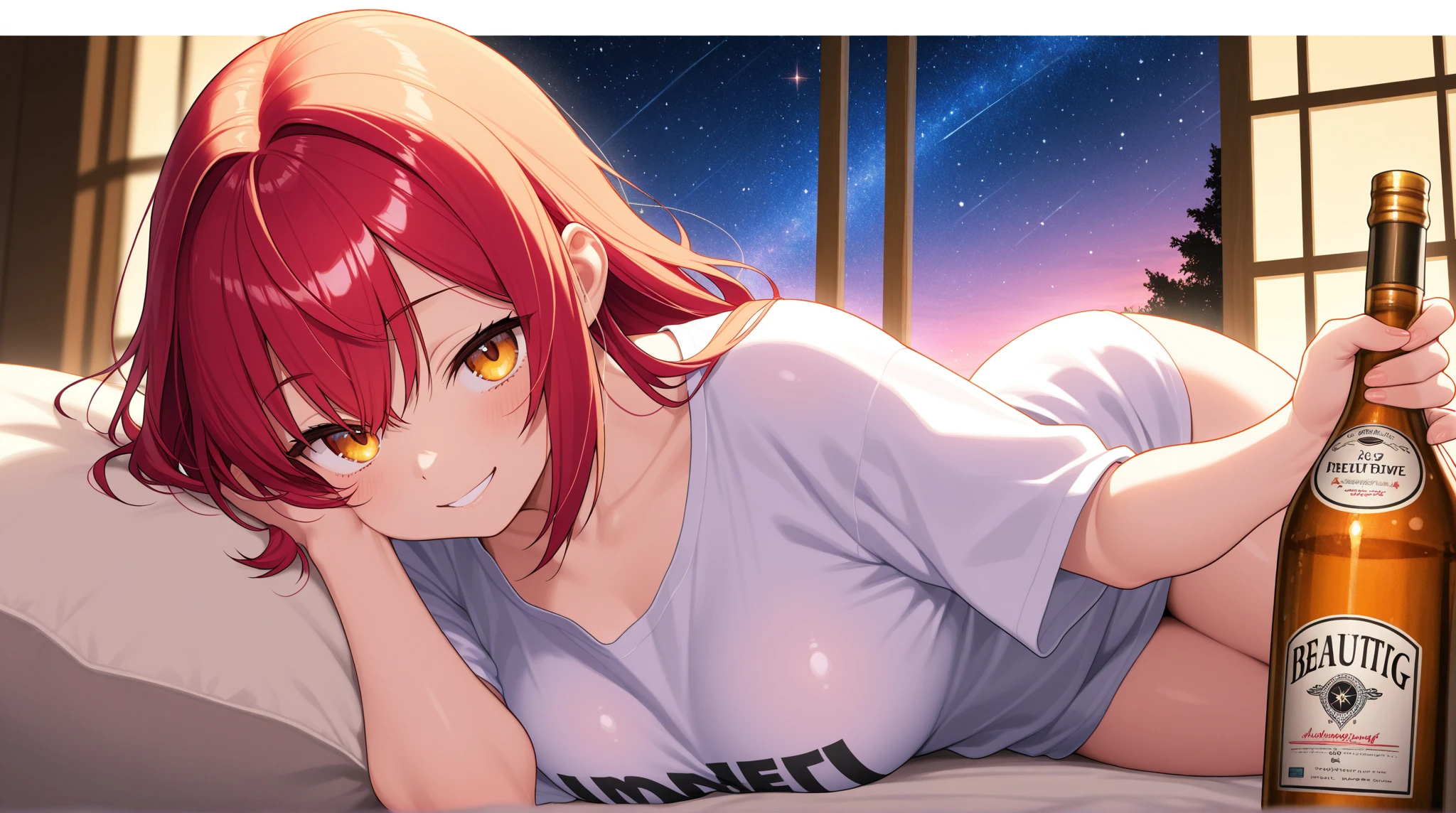 Close-up,highest quality, ultra detail, High quality CG drawing, The most delicate and beautiful, Floating gently, High resolution, (1 female), (Highest image quality,4K,8K,masterpiece:1.2),(bright red hair:1.5),(short bob:1.5),(red eyes:1.5),(Completely naked:1.5),room,Upper body,lying on the bed,defeated,defeat,(slightly bigger breasts:1.5),sleep,Are sleeping,(face down:1.2),back,butt,smile