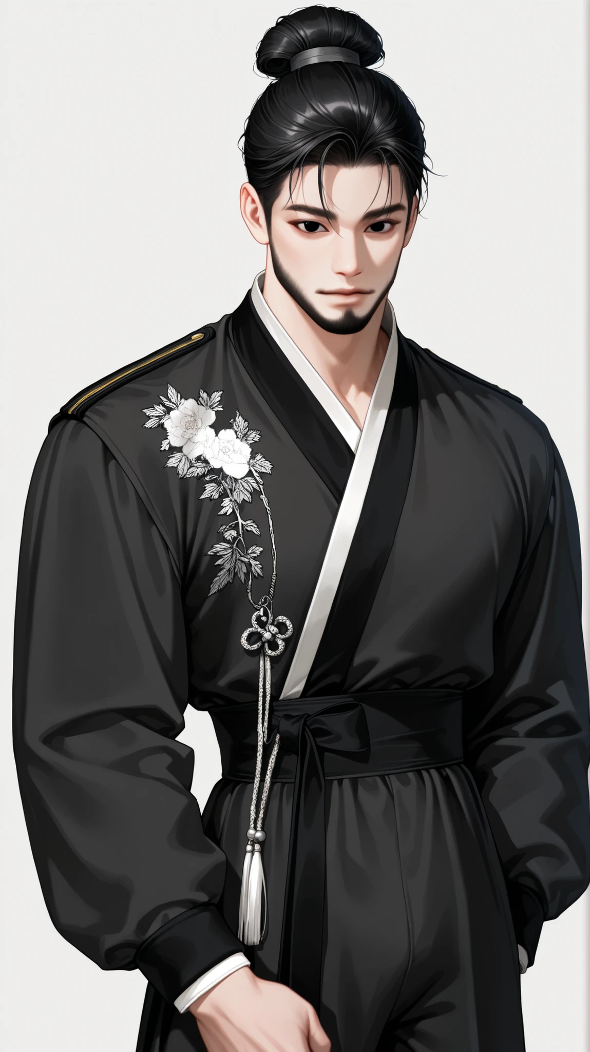 very aesthetic, 걸작, 고해상도, 8k 해상도, high contrast, semrealistic, newest, koreanai, best_quality, finely_detailed_eyes_and_detailed_face, (1 man), black_eyes, black_hair, updo_hair, long_black_beard, updo_hair,hanbok, cheolrik, military officer, male_Hanbok, pants, (black_hanbok), outer, long_sleeves, looking at viewer, (white_background), front_view, cowboy_shot, (muscular:1.3),