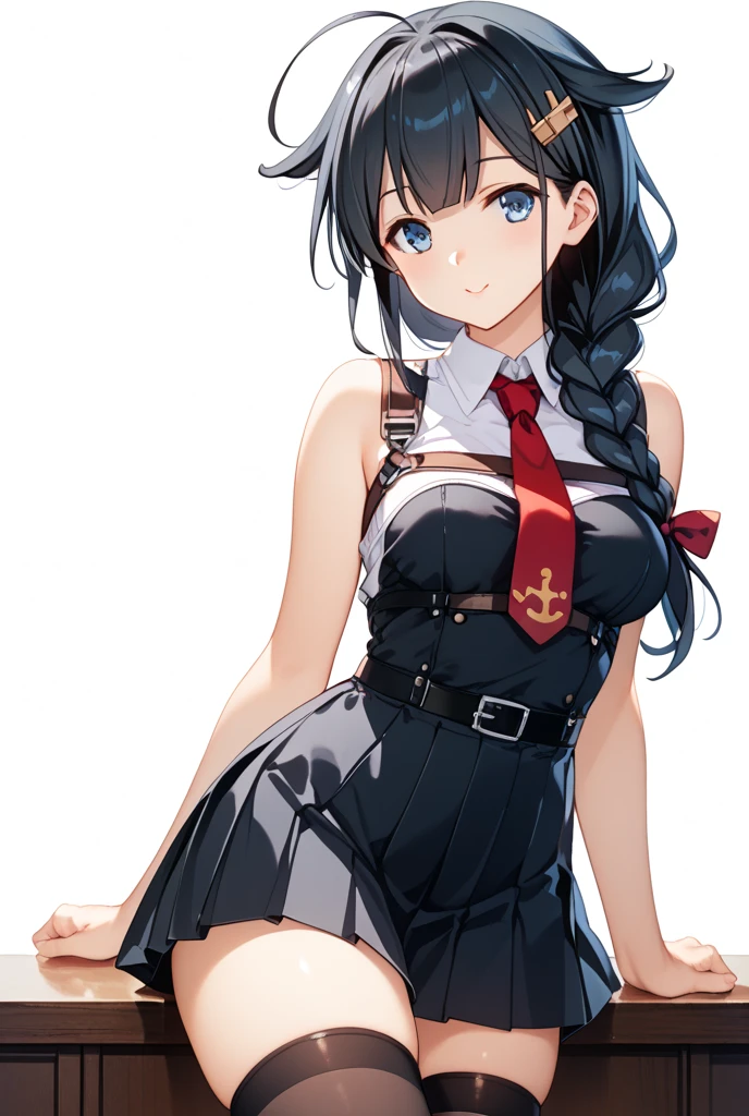 1girl, long_hair, rating:safe, breasts, solo, green_eyes, open_mouth, black_hair, cleavage, smile, very_long_hair, striped, medium_breasts, looking_at_viewer, blush, cowboy_shot, :d, dress, standing, vertical_stripes, holding_hands, bare_shoulders, agano_(kantai_collection)