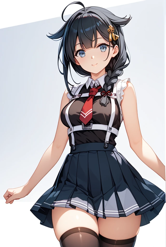 ((upright)), ((Arms at your sides)), Looking at the audience, Simple Background、White Background, 1 girl, Open your mouth, smile, Virtual YouTuber、With a girl、((Highest quality, expensive_solve, clear_image)),(Black Hair), (Black cat ears), (Ahoge), (Ridiculously short hair), (Wavy Hair),Red earring color (blue eyes),、Laughter、Very large breasts、whole body、I can see her cleavage、(wearing shoes on feet), (is wearing like the police dress shirt),((Suspender belts)),black necktie,holster,Pocket to hold a gun,((good girl)), detailed and beautiful eyes man, good looking,((an extremely delicate and beautiful)),make the eyes the same shape and color on both sides,Character Sheet,Character Reference Sheet, ((View from the front)) Symmetrical elements in clothing,