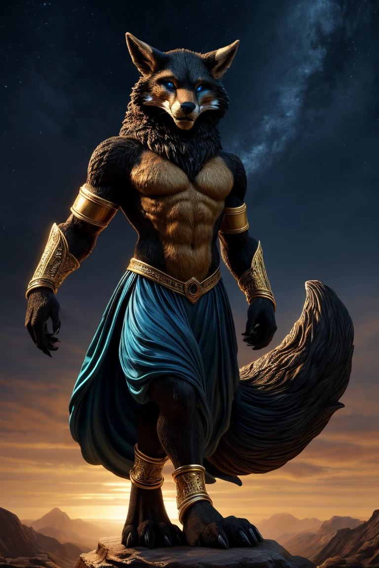 (((Barefoot furry character, full body, cinematic setting, furry male, plantigrade))), (((wearing gold anklets))), (((wearing leather sandals)))
(((Hades))) - (((God of the Underworld))) depicted as a mysterious (((wolf))) anthro with charcoal-gray fur and glowing amber eyes. He wears a dark hooded cloak that billows around him. Hades sits barefoot amidst eerie mist and shadows, with spectral forms and ghostly apparitions in the background. Symbols of the underworld like skeletal remains and obsidian pillars surround him. Cerberus, the three-headed dog, is at his side.
BREAK, detailed background, 8K, (masterpiece:1.5), intricate details, highly detailed, extreme detail, octane render, fine art, best quality, highres, (detailed face:1.5), ((full_body)), UHD, (((perfect hands))), (((perfect feet))), low light