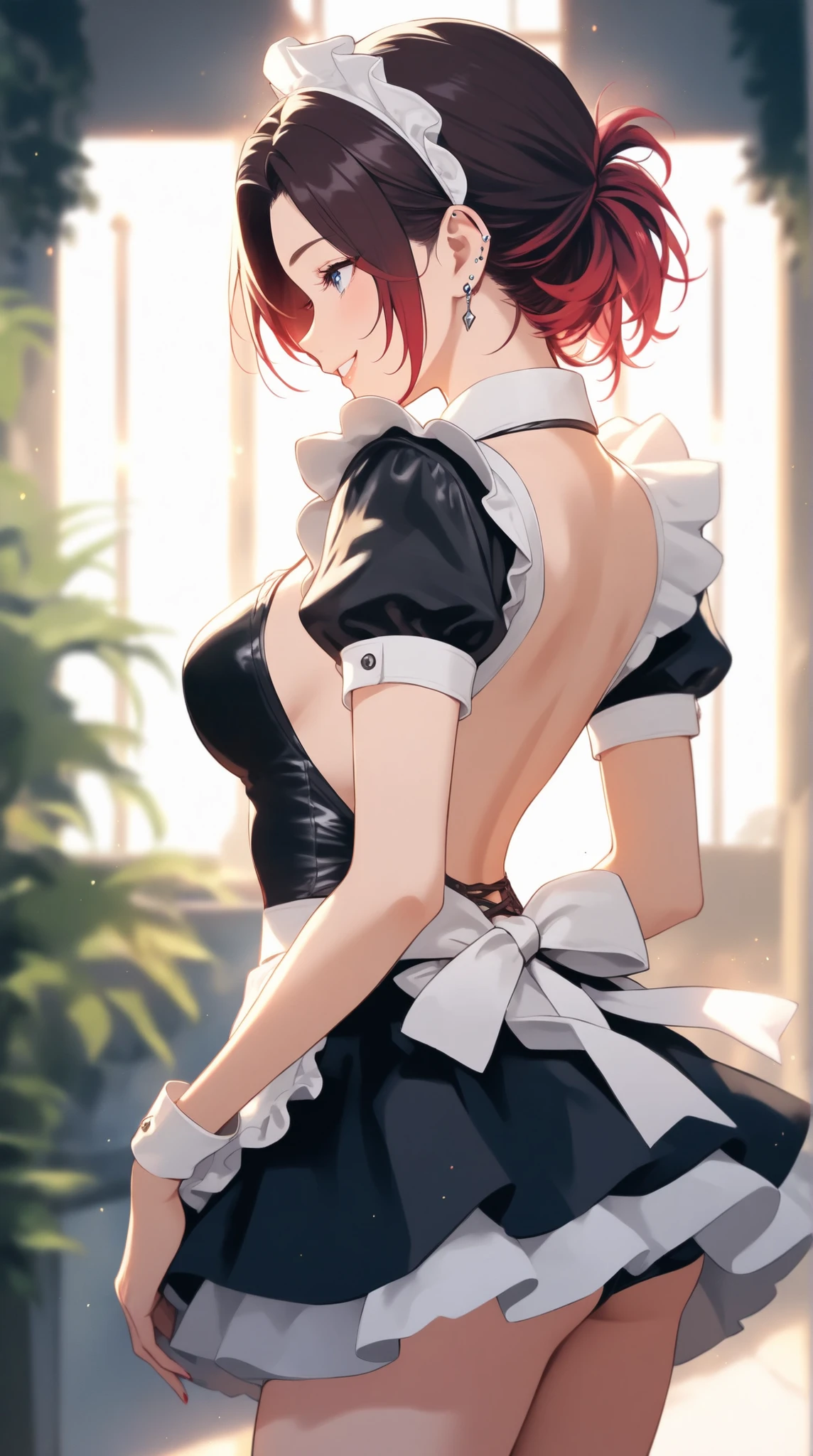 (\himiko toga)/,(\boku no hero academia character)/,(\Image correction)/,(\perfect eyes)/,(\High image resolution)/,(\High image graphics)/,(\wearing)/,+,(\dressed as a maid, and maid's clothes and super revealing on the back, I lowered the short skirt a lot, showing the legs, and a little of the panties, and the part of the apron at the back of the skirt is very low, showing the delicious buttocks, and on the top of the maid uniform it looks like a very short and sexual bra, and she has a big ass and super big breasts, she is super busty and has really big buttocks)/