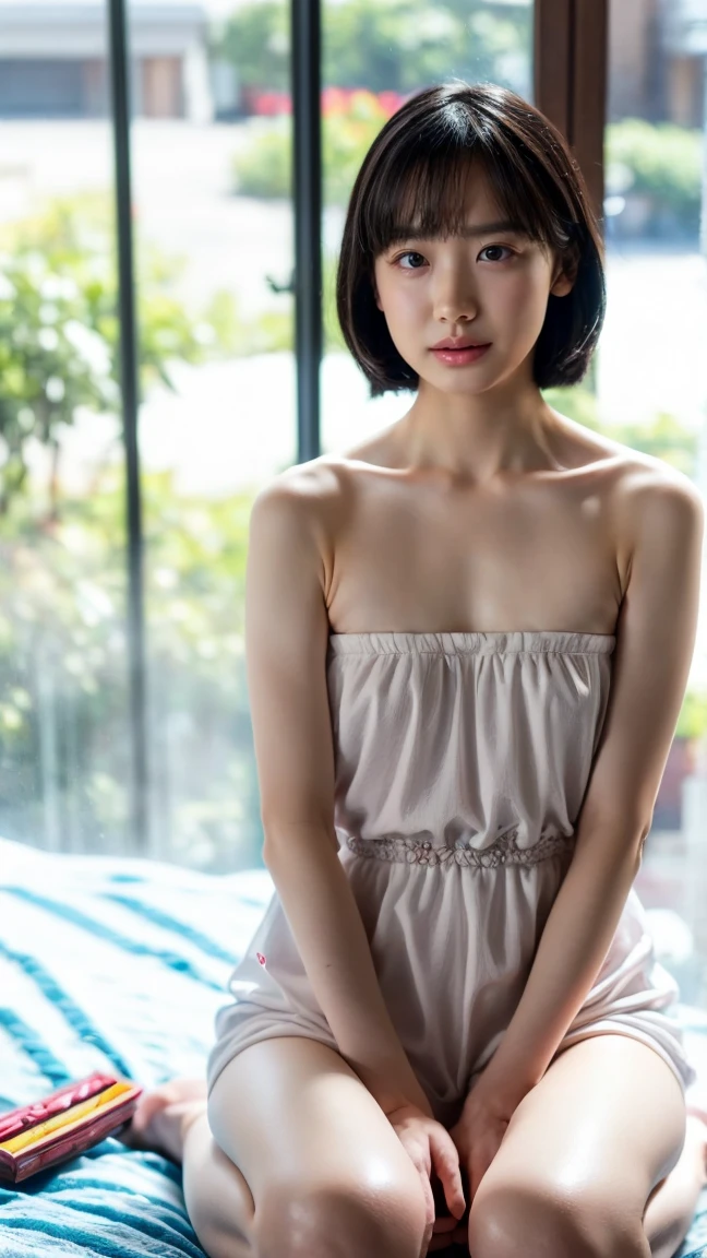 A Japanese Lady, look at viewr, Short hair, Naked, Skinny, 25-years old . day, skyporn,Outdoors, Post-apocalypse, Ruins, Scenery, tree, Water,spread her legs, spread pussy, close-up,