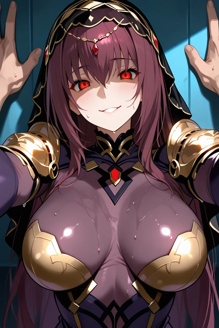 NSFW,1 girl,Scathach、Long Hair、Purple Hair、(Red Eye:1.5),armor、Bodysuits、Scapula、パープルBodysuits、ショルダーarmor、Thighs,(Ecstasy face:1.5),(orgasm:1.5),Embarrassed,blush,(Perfect hands),(Perfect Anatomy),(masterpiece),(highest quality),night,Inside the cave,torches,Leg spread,Lift your butt,Jail,Being restrained,(High angle:1.5),(Being trained:1.5)