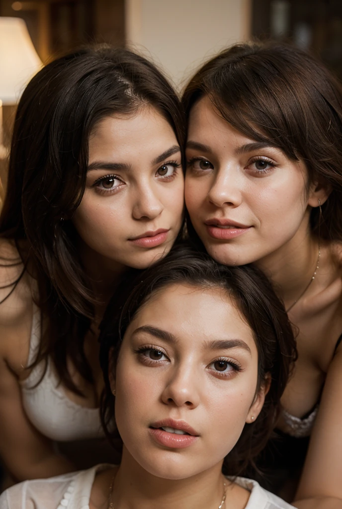 ((3 menina bonitas, big boobs, naked))
((Um tem cabelo desgrenhado, outro tem cabelo de cauda dupla))
(( and mysterious face They are in a beautiful home.))
Olhos detalhados realistas, seios fartos, Rosto detalhado, um com tatuagem escrita G dedo extremamente detalhado, corpo inteiro.