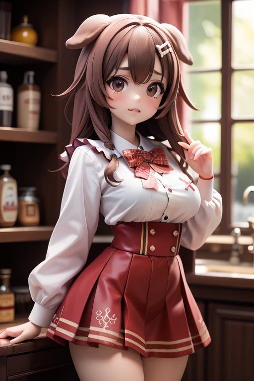 (SFW:2), photorealistic, realistic photo, 8k, ((highest quality)), ((masterpiece)), (extremely detailed), kukolnydom, doll, (mature woman, 21yo, 21 years old, solo:1.6), (cowboy shot, stylish pose, slim, slender, skinny, medium breasts, hairband, ascot, vest, shirt, puffy sleeves, pleated skirt, black pantyhose, green eyes, brown hair, long hair, plastic skin, looking at another, glass eyes, gradient eyes, shining eyes, detailed eyes:1.3)