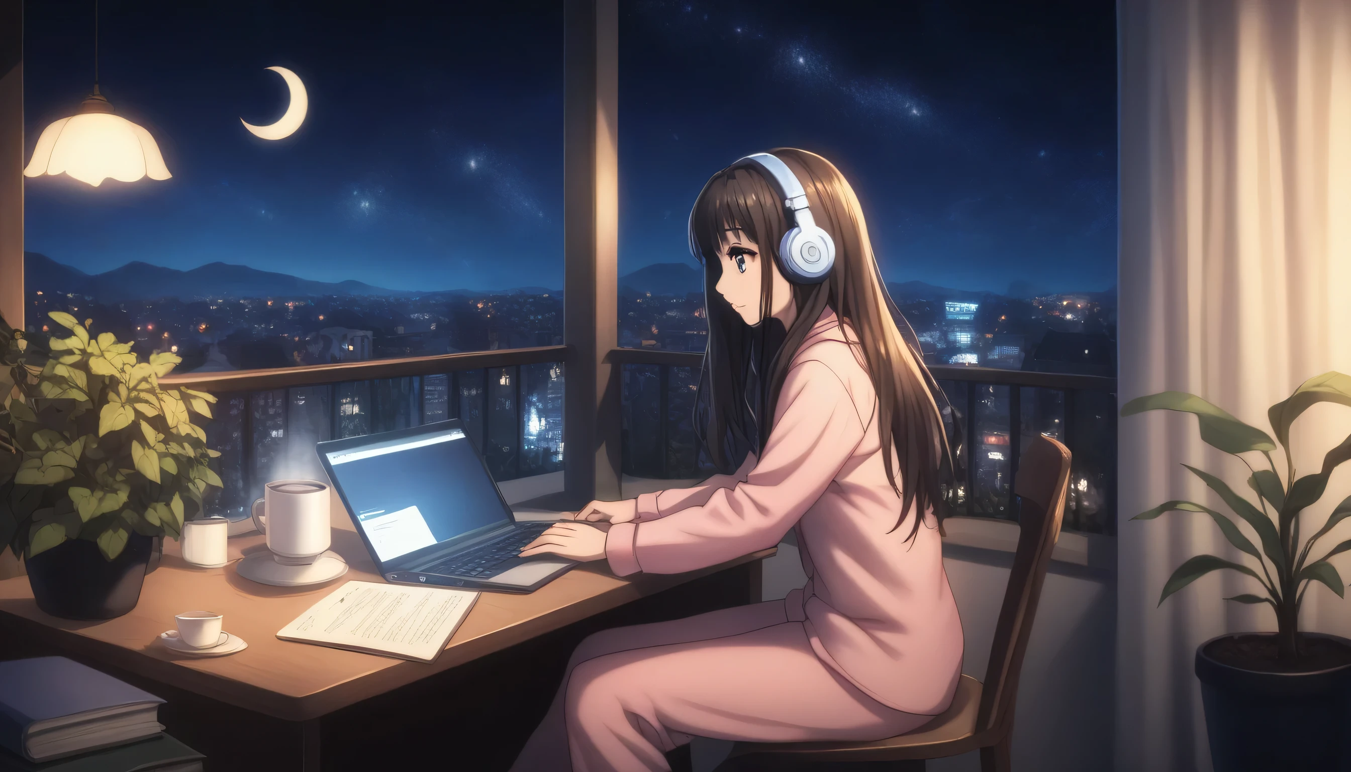 score_9, score_8_up, score_7_up, gsfghtr, pink pajamas, black hairs, ((long hairs)), 1 girl, solo, night, crescent moon in sky, wearing headphones, a cup of coffee on the desk, several book on desk, sitting at a desk with laptop, soft fairy lights and plants around, starry sky, city lights in the distance, cat sitting on balcony railing, warm cozy atmosphere, cute bedroom in background, detailed anime art style, soft lighting, highly detailed, calm and peaceful vibe, view from front so that laptop's screen not visible