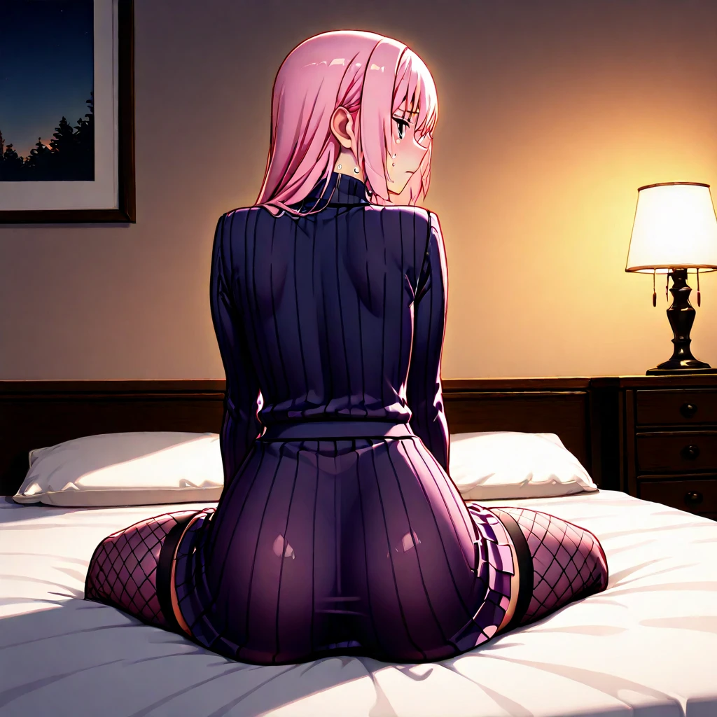 score_9, score_8_up, score_7_up, score_6_up, score_5_up, score_4_up, BREAK source_anime, 1girl, NeneEfthyVTXL, Vtuber, yellow eyes, hair covering one eye, long hair, pink hair, ahoge, collar, collar with chain, mesh, purple skirt, black skirt, skirt, square skirt, two tone skirt, half color skirt, thight mesh, purple thighhighs, laying on bed, 1boy, sweaty, intense sex, penis, penis in pussy, on all fours, male pov, holding her by ass, ass to the screen, she not looking, HD