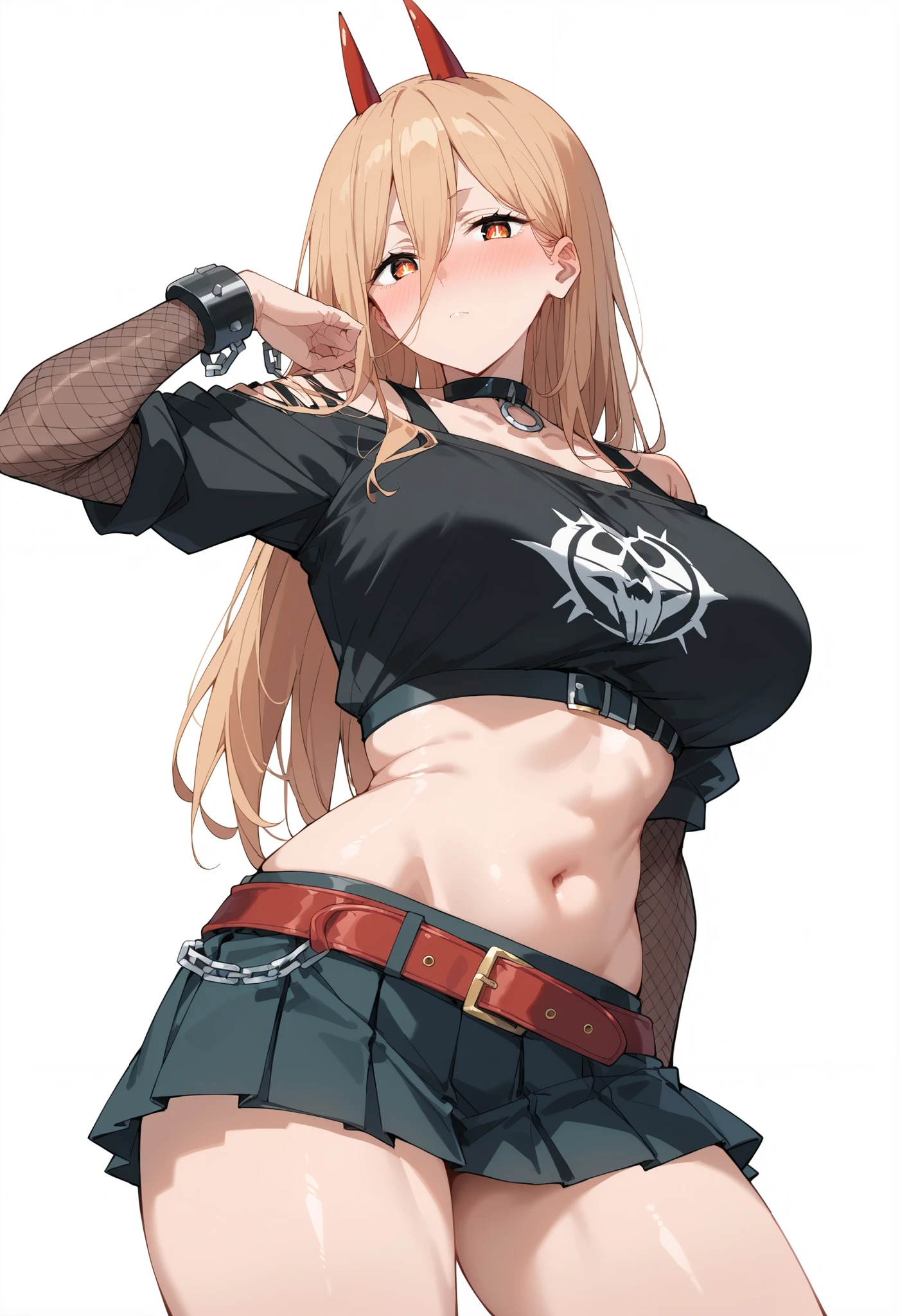 score_9, score_8_up, score_7_up,source_anime, 1girl, p0w3r0x1, long hair, blonde hair, red horns,demon pupils, large breasts, nose blush, looking at viewer, high res image,masterpiece,best quality,(adult woman:1.0),cute face,clear skin,shiny hair,ultra detailed eyes, wearing a black gothic crop top with tribal design, short pleated leather mini skirt with belt and chains, black choker with metal ring, fishnet sleeves, leather accessories, voluptuous body with wide hips and thick thighs, standing confidently, highly detailed anime style, pixiv trending, white background, dynamic pose