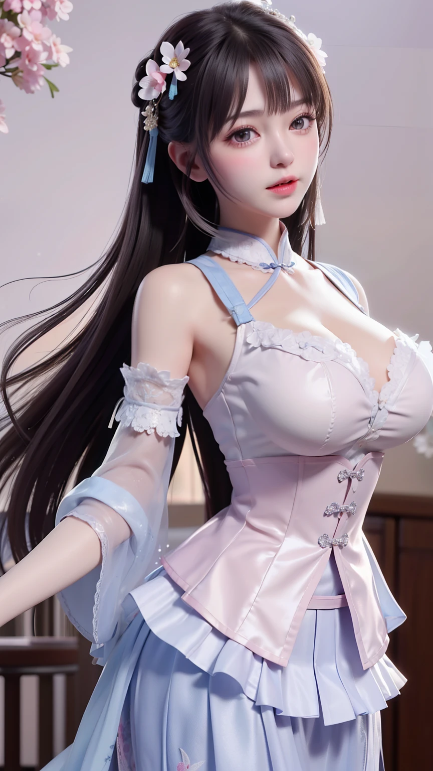 high quality, 4k, within the framework, Close-up portrait of brunette woman wearing white shirt and light blue skirt, Realistic anime girl rendering, Cute 3D anime girl rendering, April renderings, Anime VTuber full body model, full body xianxia, live2d virtual youtuber model, Smooth anime CG art, Realistic portrait full body realistic anime 3D style, (((Large Breasts、Breast sagging、Low-cut,Cleavage ,Wide hips,)))((Long legs)),Hourglass figure))Realistic full body