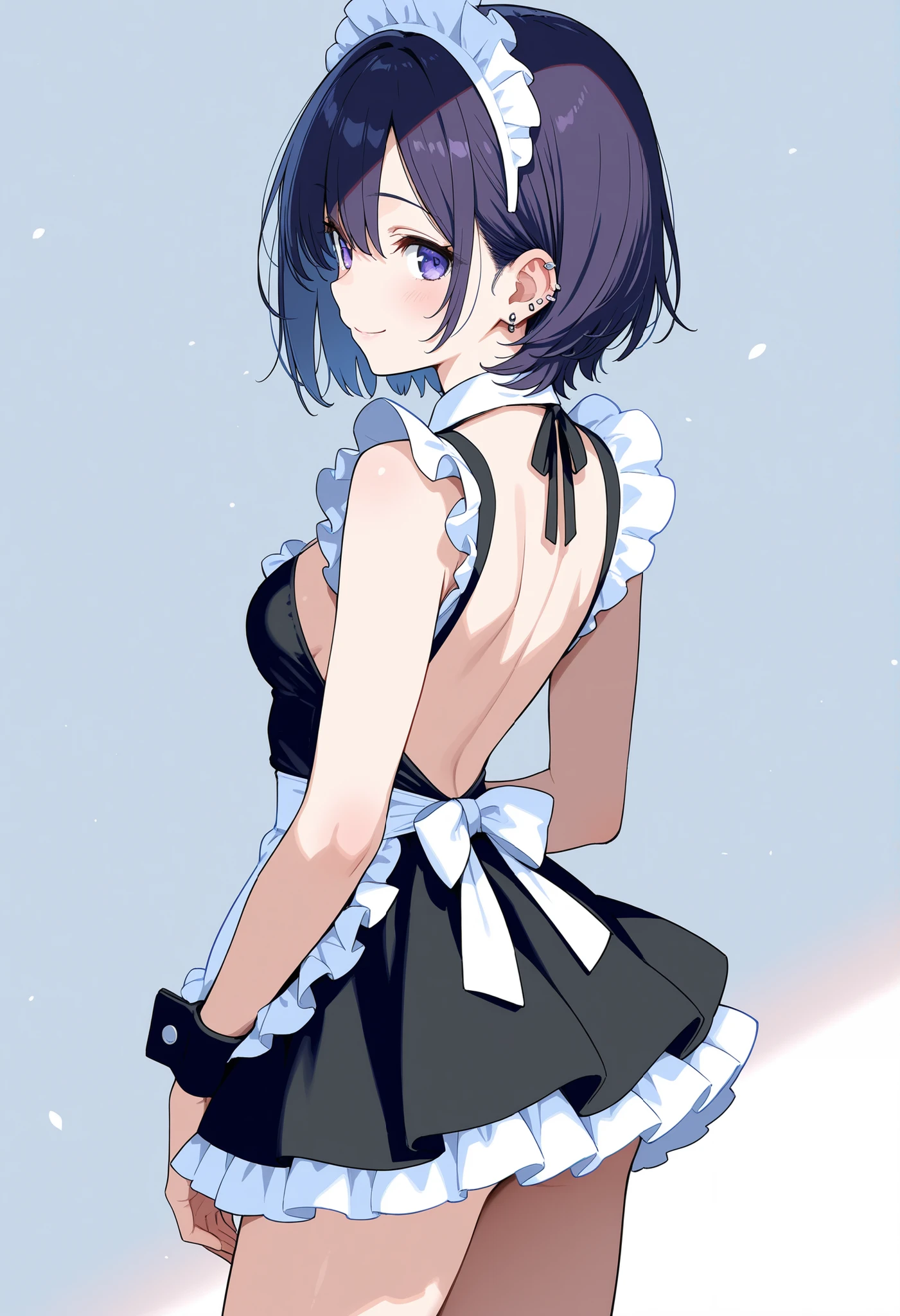 female,  Backless Maid Outfit, beautiful profile, super miniskirt, piercing,  Smile, 