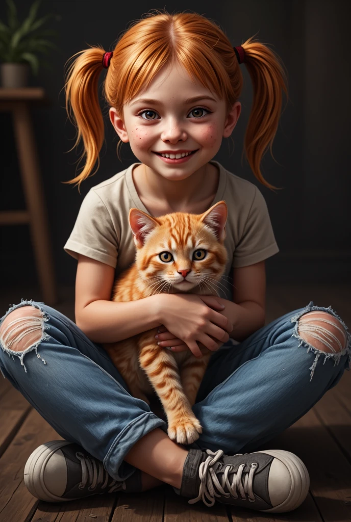 ,seven years old, with light brown hair,blue eyes sitting on a green lawn,in an embrace with a redhead,fluffy,kitten with green eyes