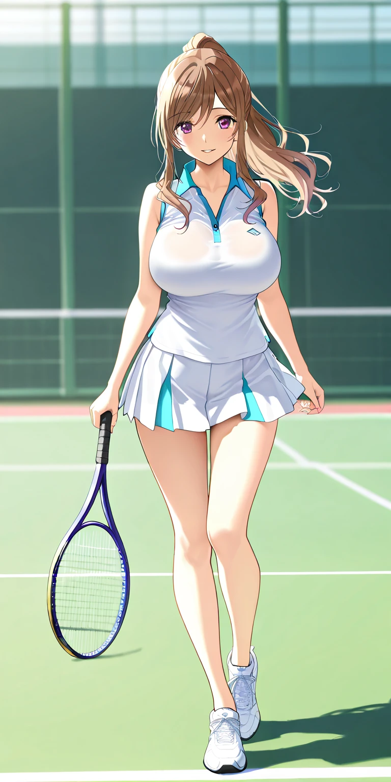 Elizabeth Olsen, two girls, sisters, tennis uniform, short skirt, tight shirt, on tennis court, big breasts, cleavage, sunny day, trees in background, breast expansion, big breasts, (biggest breasts:1.5), highly detailed, lactating breasts, lactation, (lactating breasts:1.5),