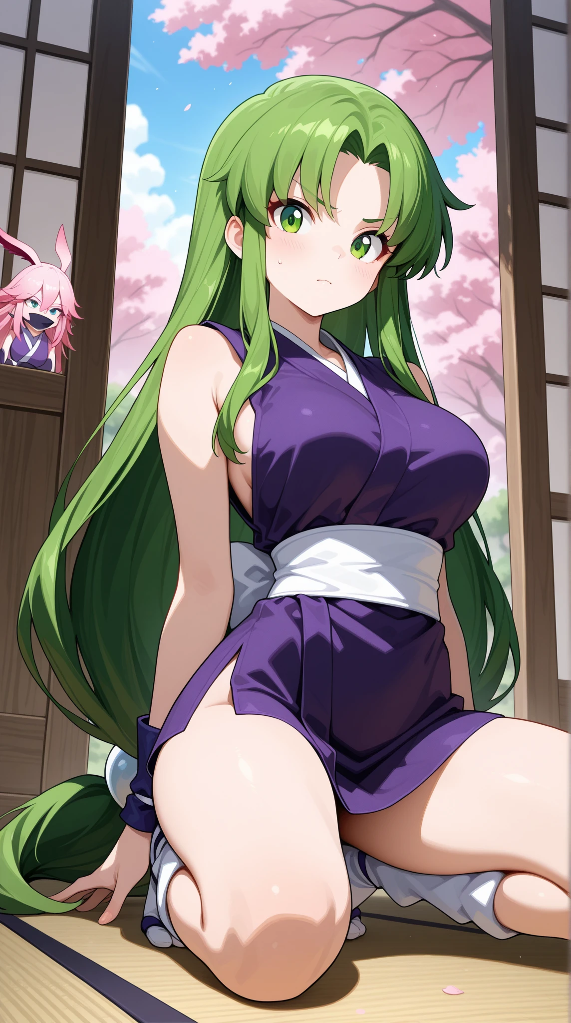 elysia de lute ima, skull hair ornament, white pupils, large breasts, purple kimono,sile fullbody, choker, pink scarf, <lora:Elsie V2:0.6>