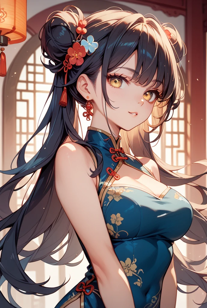 Adult woman, sexy, dark, navy dark blue hair, The ends of gray hair, hairlong, beautiful hairstyle, hair ornament, white eyes, Chinese Clothing, Ornaments, Rings, Heels, Ancient Chinese themes, looking a viewer, Happy smile, overhead view, Lies on the money, gold coins, A mountain of money, Fantasy art, Beautiful painting of characters, Works of art in the style of Guvaika, epic exquisite character art, stunning character art, Beautiful Killer Woman, perspective, overhead view(reference sheet:1.5)