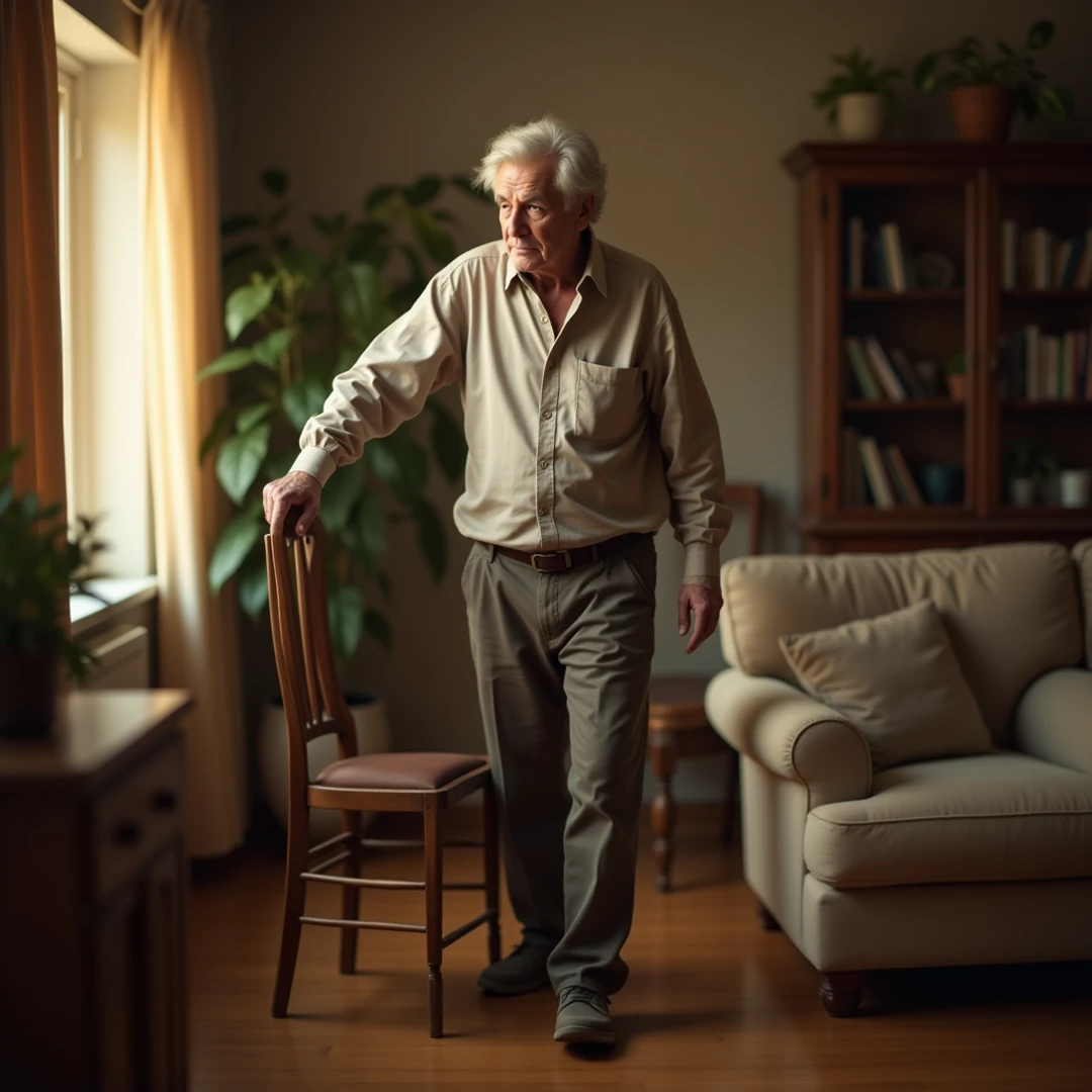 em um quarto branco, an elderly man with white hair standing on end with fright is sitting in an armchair with his back to him watching television., realista, detalhado, photographic, 8k