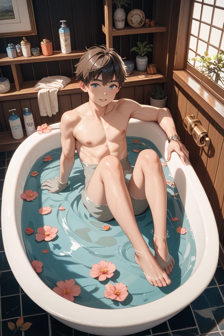 anime boy taking a bath in a bathtub with rose petals, wet body, bathtub, bubble bath, high quality fanart, bath, Beast, at pixiv, official fanart, pixiv, detailed fanart, relaxing, levi ackerman, in bathroom, relaxing environment, relaxing mood, by Shingei, anime asthetic, relaxing concept art, wet anime boy, with rose petals in the bathtub, beautiful atmosphere, hot anime boy, cute