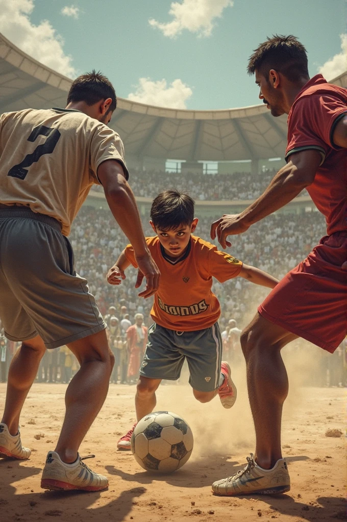 Description: A group of boys are playing football on a dirt field. They all wear boots from a well-known brand., and the game develops enthusiastically.