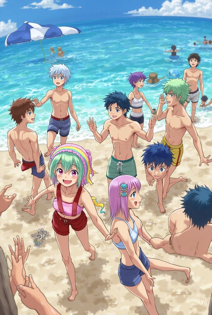 sleeve cape, boys and girls, manga style, beachfront, bikinis, having fun at sea,