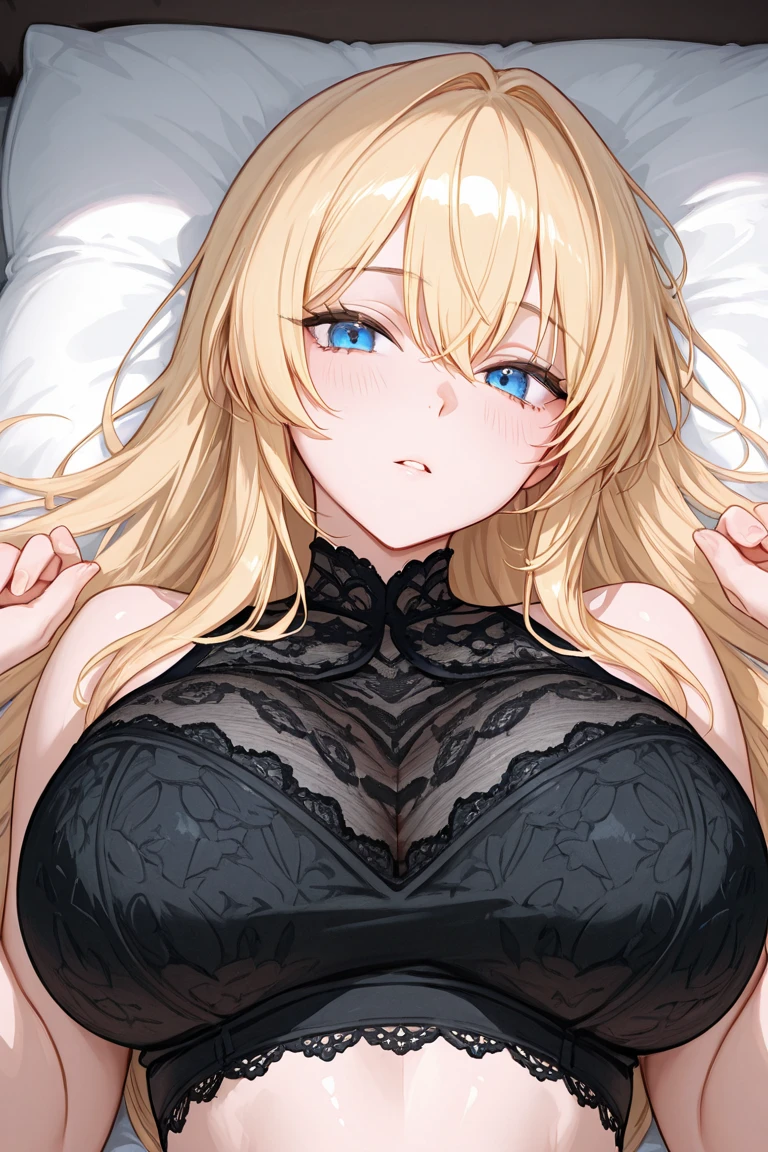 Adult Woman, Sexy Witch Cosplay, Long dark blonde wavy hair、off-shoulder knit, (Black Pencil Mini Skirt),、Medium milk, Blushing, Shy laughter, Bare shoulders、、sexy pink and black lace bra、((pink and black lace panties))、sexy  pose、((embarassed expression))、(((On a gorgeous bed、Sleep in bed、Raise both hands、Head on pillow)))