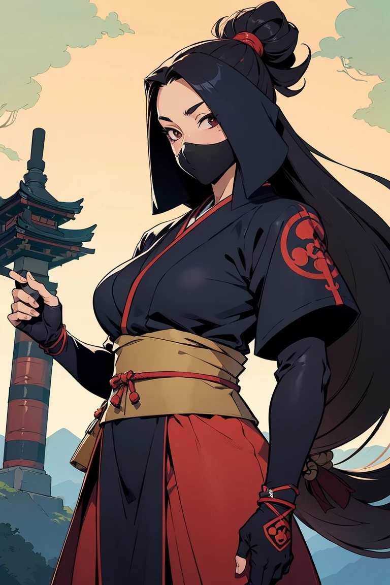 Anime style, ninja dojo in mountain, clouds around, trees, female ninja, mask, long black hair in moviment, ninja sexy dress, training in nunchacko