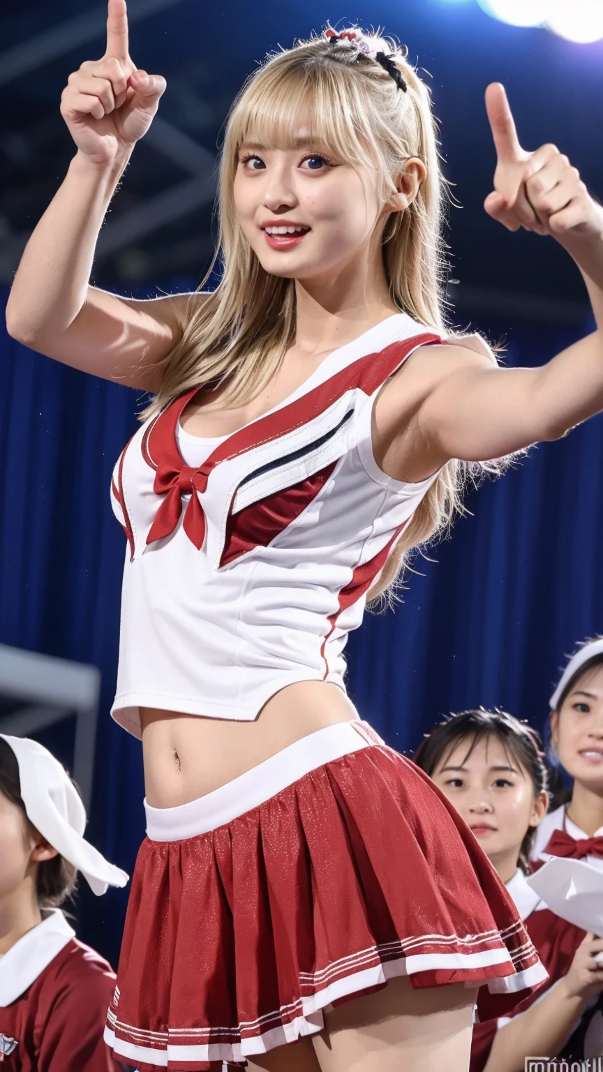 masuter piece, best qualtiy, ((realisitic)), ((1 person)), 8K picture quality, extremely delicate and beautiful, magnifica, Official art with attention to detail, Ridiculous, unbelievable Ridiculous, huge filesize, ultra-detailliert, ighly detailed, (Beautiful petite girl), (detailed girl), (Korean  beauty), Blonde hair, ((Perfect female figure)), (large full breasts, Slim waist, big butts), ((Cheerleading costume with red and black lines, Mini flared skirt)), High exposure, With bangs, Feminine look, (ssmile), Gymnasium