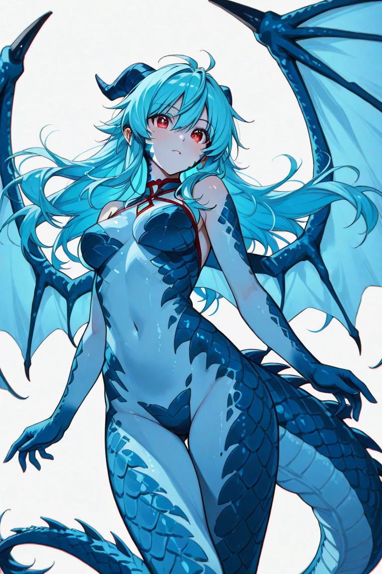 Make a humanoid Leviathan, its toned and thick feathers are covered by blue scales, as is its tail., her belly is covered in white scales and breasts are also, your face is normal but your teeth are serrated, your eyes are light purple, and her blue hair she has dark horns on her head, your face has normal skin tone, she has a long blue sea beast tail too, she has muscles and make her look scary, His entire body is covered in blue scales except his face., make her look powerful and scary, make her with red eyes and her body covered in dark energy with red details