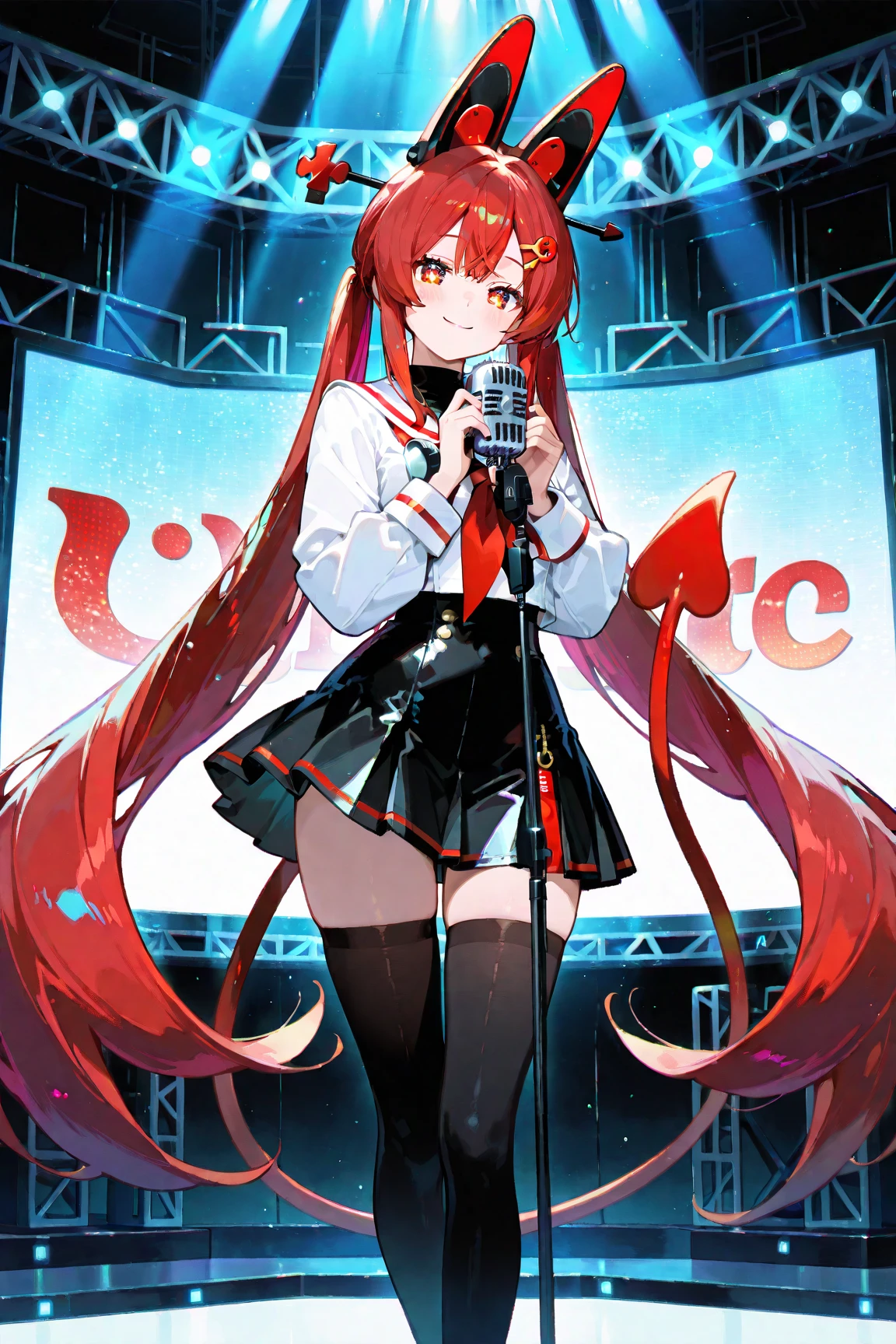 +sparkle+ 1_girlsolo, anime girl, long red hair, short bangs, baseball cap, red booty shorts, headphones, silver jacket,DJ turntable set,club lighting,stage,confetti,dancing,smiling,putting records on turntable,(best quality:1.2),(ultra-detailed:1.2),(realistic:1.37),HDR,vivid colors,portraits,shorts,jacketed figure,headphone girl,colorful lights,stage set,confetti raining,joyful expression,playing vinyl records,turntable setup,anime style,