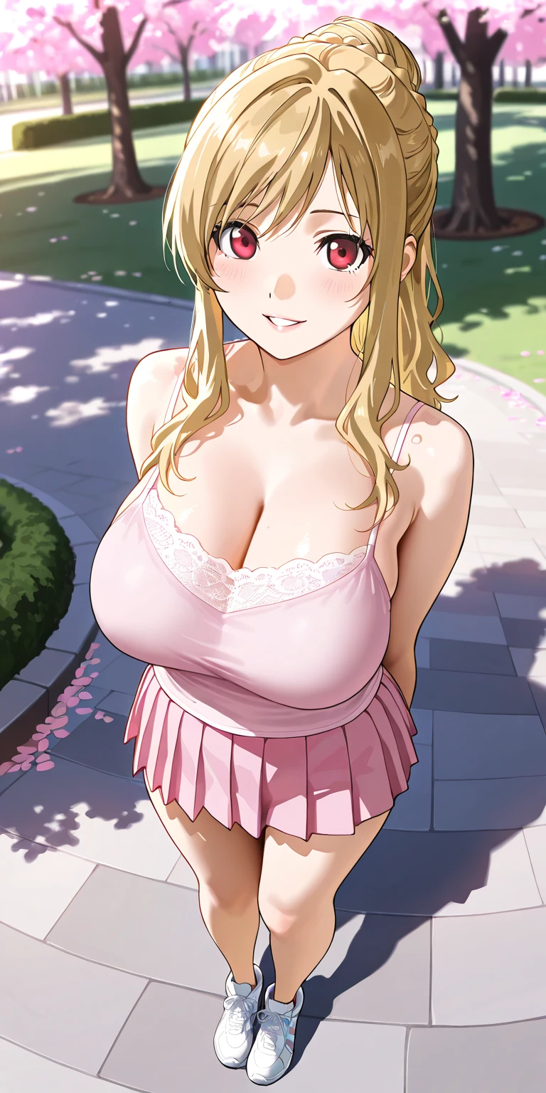 Pink nightgown, long blonde curly hair, hibiscus, big breasts