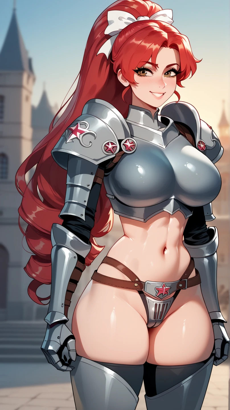 Masterpiece, best quality, full hd 8k, highly detailed, picture perfect, solo, 1 woman, mature, medium breasts, golden eyes, long red hair, mischievous look, pleasure smile, aeago, oppen mouth, tongue, sharp teeth, knight, squatting, legs apart , full body, revealing clothing, micro bikini armor, nude armor, plush cape, excessive female pubic hair, hairy pussi, oppen pusy, pussy pressentig, female masturbation, fingering pussy penetrated, shoulder armor, shoulder pads, armor heel boots, sabaton, greave, poleyn, tasset, lame, bracers, gauntlet, couter, rerebrace, dor background, nfsw