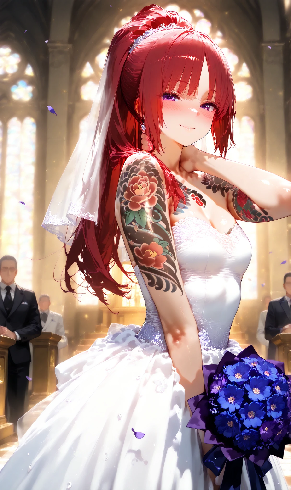 1 girl, alone, high resolution, masterpiece, best quality, detailed CG, detailed face, detailed skin, small breasts, purple eyes, red hair, long hair, high ponytail, bangs with a tuft, blush, bright, smile, yakuza tattoos, arm tattoo, full-body tattoo, chest tattoo, shiny, wedding dress, altar, church, blue bouquet in hand, falling flowers, fantasy, romantic, dynamic pose, hand on the neck