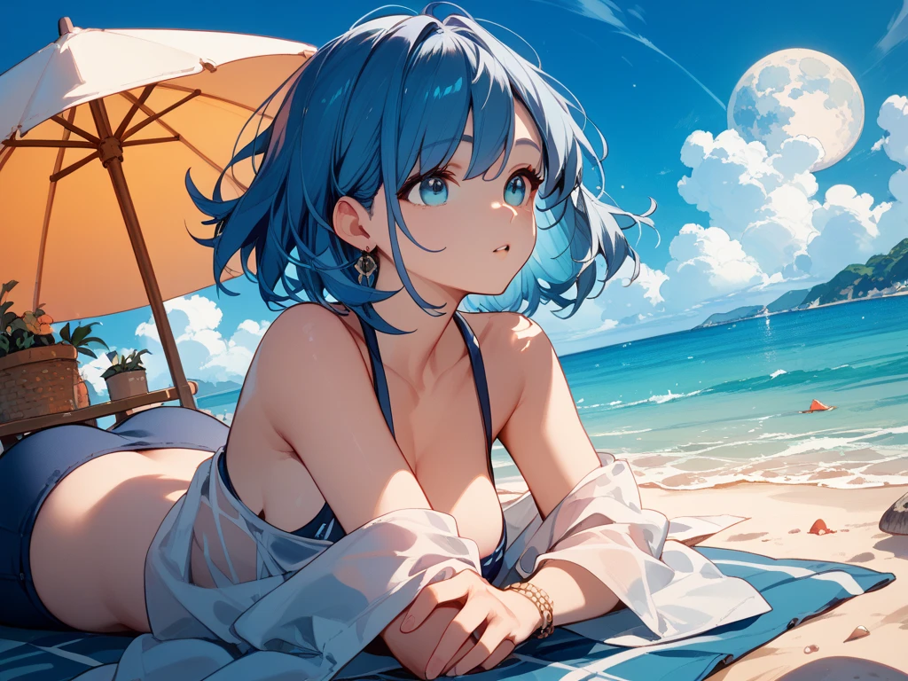 A girl with short hair named Rem, wearing a bikini, stands by the sea. She has beautiful detailed eyes and lips, and her face and eyelashes are extremely detailed. The image is created using a mixture of illustration and photography, producing a high-quality, ultra-detailed, and realistic artwork. The scene is bathed in warm, vibrant colors, enhancing the overall aesthetic. The lighting is soft and natural, with a touch of sunlight casting gentle rays on Rem's figure. The artwork portrays Rem enjoying a peaceful moment by the sea, capturing her beauty and serenity.