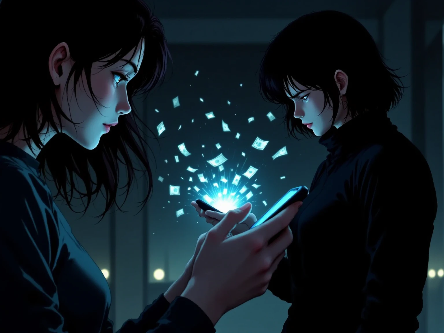 (Phishing image:1.2),woman pressing the mobile phone screen,image of the money being sucked up from the screen、the money being siphoned up goes to the culprit、The culprit has a black silhouette,1980’s anime style