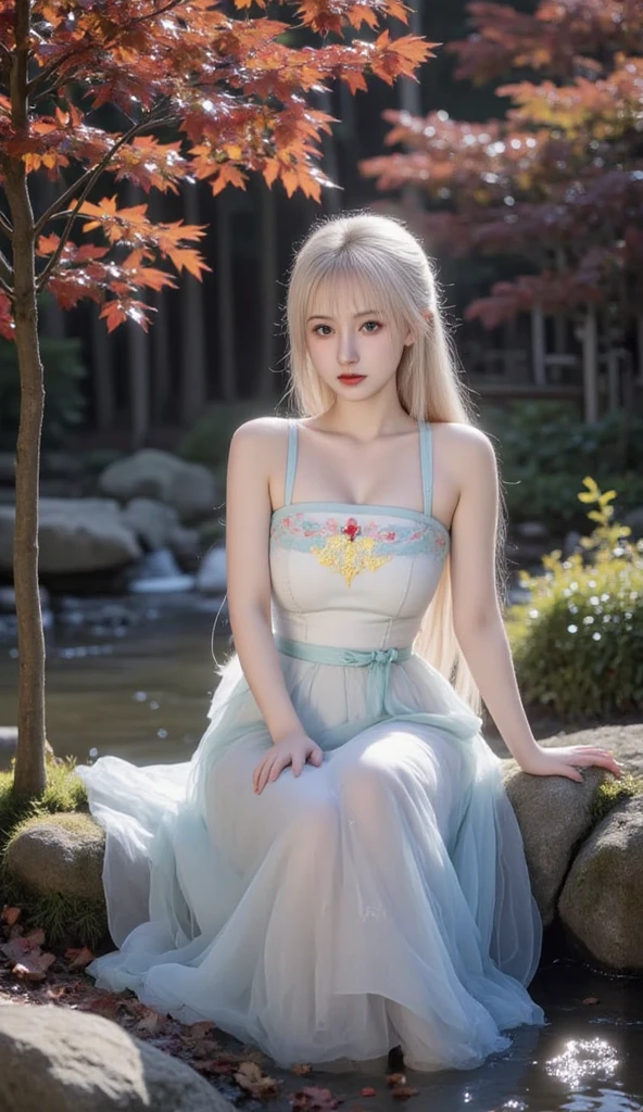 masterpiece, Highest quality, Official Art, 8k, (Very detailed), figure, 1 girl, Blonde, Long Hair, Detailed eyes, For rest, Exposing shoulders,Exposing the legs,Sexy pose, Hanfu,lake, Pure, Gentle Smile Information