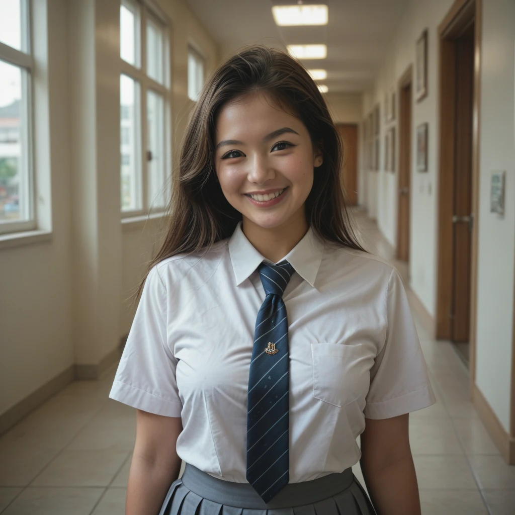 Smiling Thai girl, school uniform, thin shirt