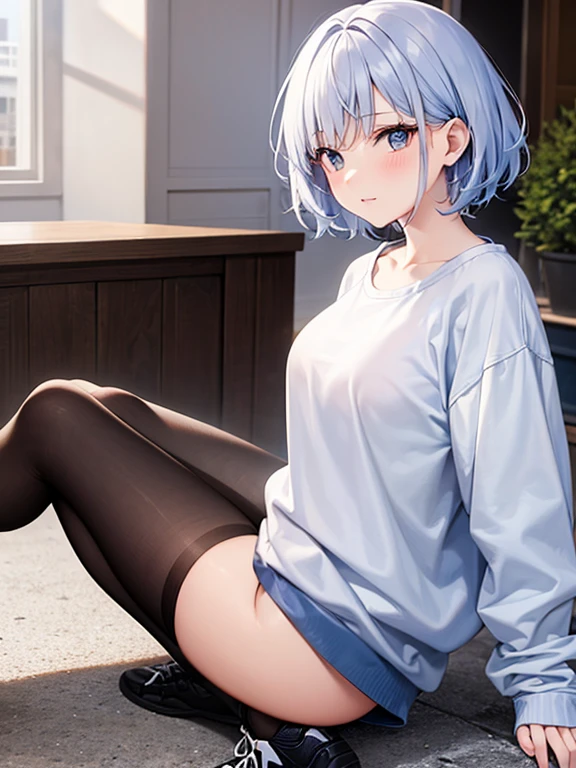 mid-shot, Look at viewers, hands behind back, girl with, 20 years old, Very short hair, long bangs between eyes, hair over shoulder, Grey Hair, Floating hair, ^ ^, pale blue eyes, Short dress, Hoodie, Skirt, Bare shoulder, White clothes, , Extremely detailed,(masterpiece、top-quality)、独奏、1womanl、White hair、the tips of the hair are blue、Blue eyes、A smile、White skin as clear as snow、Small breasts, Silver hair, Blue eyes, Beautiful eyes, Girl, Ecstasy, charmed, be smitten with audience, Hoodie, Hoodie with open front, Shoulder out,on the beds,inside in room,laying on back,open open mouth,look down from above