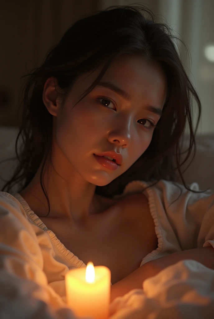 lined up on the table３Backs of 2 Tarot cards。A fair-skinned young Japanese woman looking at this。Smiling。Sexy chest。Soft lighting in living room。Selfie style。