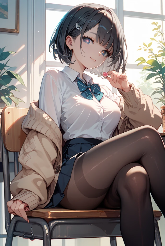 (Best quality, 8k, 32k, Masterpiece, UHD,:1.2),RAW, 1girl,ultra cute , natural lighting,transparent shining eyes, 20yo,medium breast ,fair complexion ,flushed face, dynamic angle, short hair, White sweater, squatting near windows, ((Big Norwegian Forest Cat at her foot)), Big Cat, Playing with Cat, fun