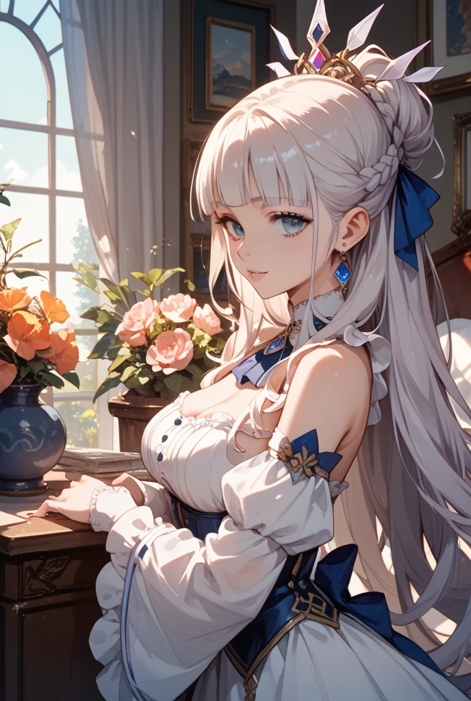 {best quality}, {{masterpiece}}, {an extremely delicate and beautiful},Outstanding light and shadow, extremely detailed wallpaper,Clear and bright sunlight,head portrait,1girl,big breast,Blush,short wave hair,Strong sunlight,,blue shirt,suit,Delicate hair,Real skin texture, sagging chest,clear pores and skin wrinkles,Wide shoulders,window,((strong light shines on the face)), upper body,