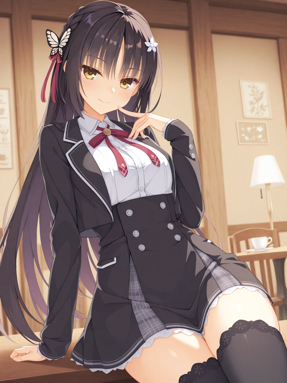 One girl in a mini skirt, Squat with your legs wide apart、Looking down at the viewer, Twin tails, Highest quality, Focus on the thighs, Dynamic pose, smile, blazer, blouse, Black Pantyhose, panties under pantyhose, , classroom, Black Hair,My thighs are steaming between the legs