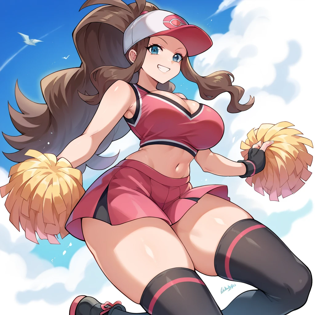 masterpiece, best quality, ultra-detailed, illustration, colorful, 1girl, anime, black hair, messy hair, yellow eyes, fox ears, looking at viewer, school, school gym, ahri, large breasts, skirt, kneesocks, jumping up, crop top, cheerleader, detailed skin texture, detailed cloth texture, beautiful detailed face, open mouth, hands up, cheering up, armpits, closeup, navel, underboob