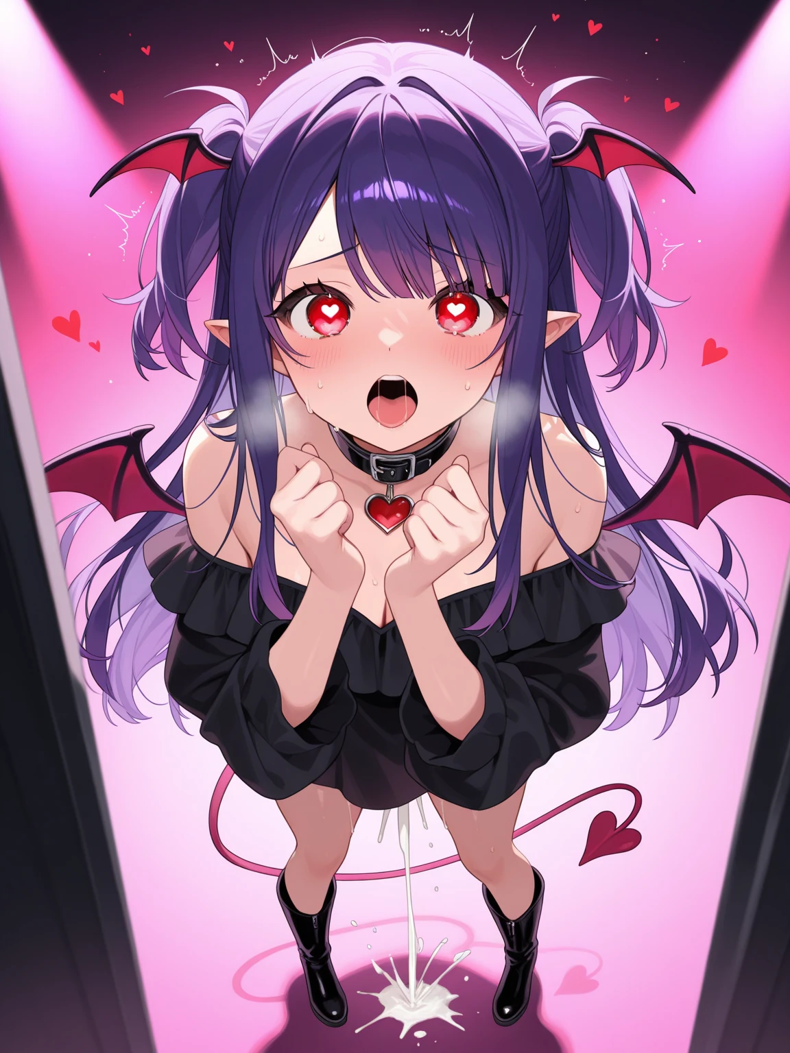 Ultra-realistic 8k CG, masterpiece, best quality, (photorealistic:1.4), absurdres, extremely detailed, real hair, life-like, horror scene, dark setting, provocative pose, girl covered in slime, succubus, meru, fingering pussy, multisextoy, multinsert, using dildo, black hair, yellow eyes, very skinny, goth girl, rolling eyes, wet goth clothes, choker, high shoes, full-body fishnet, skull print, goth gloves, sweaty body, squirt, squirting everywhere, very horny, heart pupil, tongue out, drool flowing from her mouth, aphrodisiac, long black nails, large tattoo, small pussy, virgin pussy, blood coming from her pussy, bloody pussy, very sweaty body, wet pussy, small breast, small ass, masturbating, tired of masturbating, bare breasts, nipple pierced, gothic accessories, gothic neck belt, gothic belt, pierced elf ears, red horns, succubus tail, pierced nose, on the bed, wet bed, wetting bed, ahegao face, , blush, Embarrassed, wet, wetting, she squirts everywhere, she is short, 100cm tall, vibrating, final setting vibrator, remote_play, remote_vibrating, female masturbation, She hornily tells me "fuck me darling", she too much squirts everywhere, she wet everything with her pussy juice, She was going to faint while fingering her own pussy, sleepy, panicking